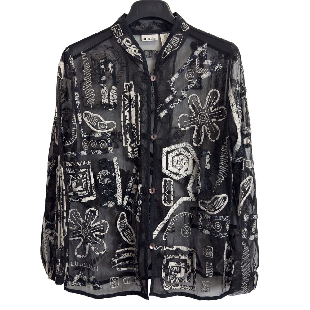 Units Sheer Mesh Embroidered Applique Button Up Shirt Black White Art To Wear L